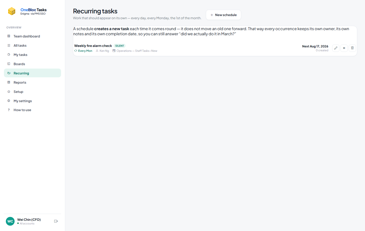 The recurring tasks page showing a weekly schedule